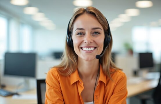 Smiling businesswoman with headset in call center. Happy employee consulting customer service. Portrait of a friendly customer support agent. Cheerful face of professional adviser talking via headset. - Powered by Adobe