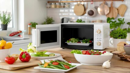 Discover the joy of creating nutritious meals using vibrant vegetables and a microwave in a charming kitchen environment