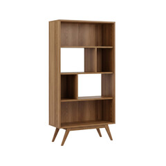 Open wooden bookshelf with angled legs and asymmetric shelves
