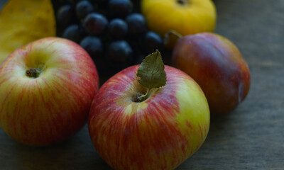 Black grapes, yellow leaves, various fruits on a blackboard