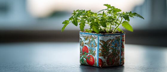 Tomato plant growing in a decorative pot on a table near a window with natural light coming through