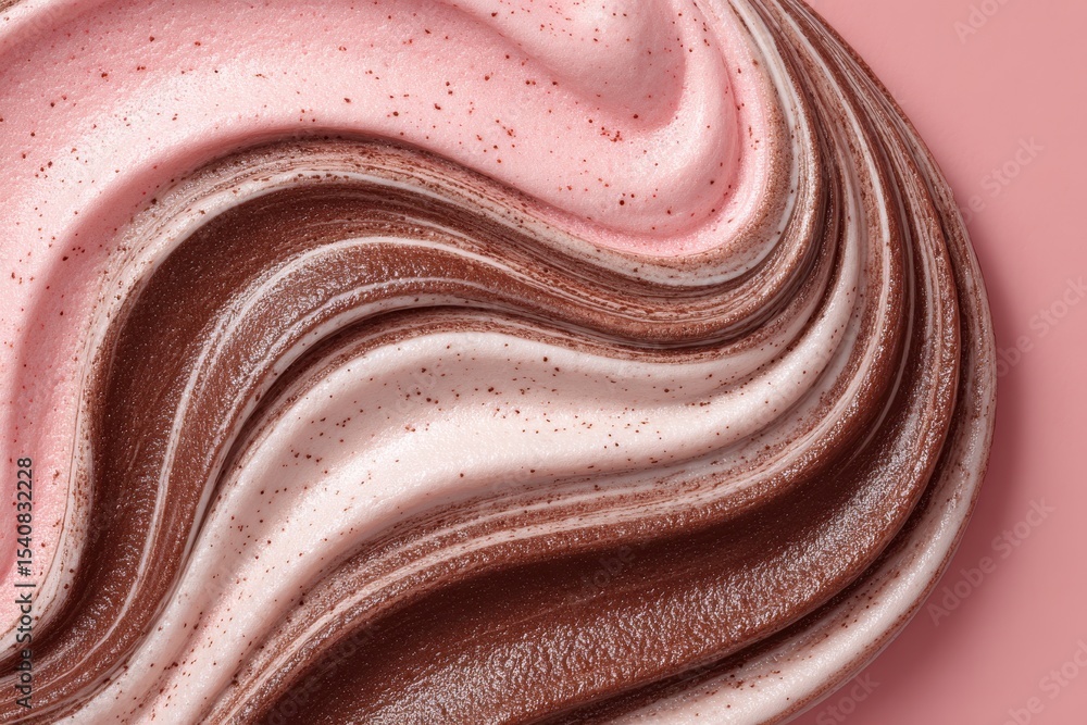 Poster macro shot of abstract pink and brown swirling mixture with tiny specks against light pink backdrop,