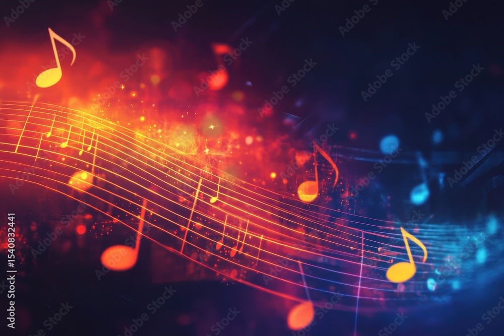 Poster colorful abstract background featuring musical notes floating in vibrant waves of sound, abstract mu