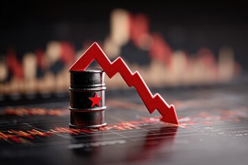 Obraz na płótnie Canvas A symbolic representation of falling oil prices, showing a red arrow decreasing across a stock market style graph, with a barrel marked with a red star.