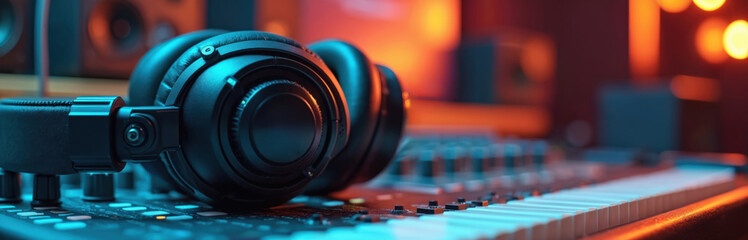 Modern professional audio studio equipment, headphones close-up. Sound recording tech, music production workflow, sound design interface, control console. Audio post-production, broadcast, radio,