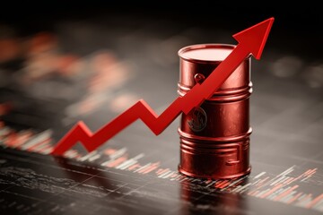 Obraz na płótnie Canvas A metallic oil barrel with a red arrow trending upwards on a stock market chart, indicating rising prices and increased value in a financial context.