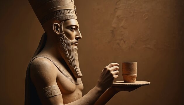 Ancient Mesopotamian King statue profile holding ritual cup on offering plate. Historical artifact shows classical art carving. Depiction of king with long beard in traditional headdress.