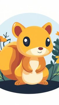 A cartoon squirrel sitting on the ground surrounded by colorful flowers
