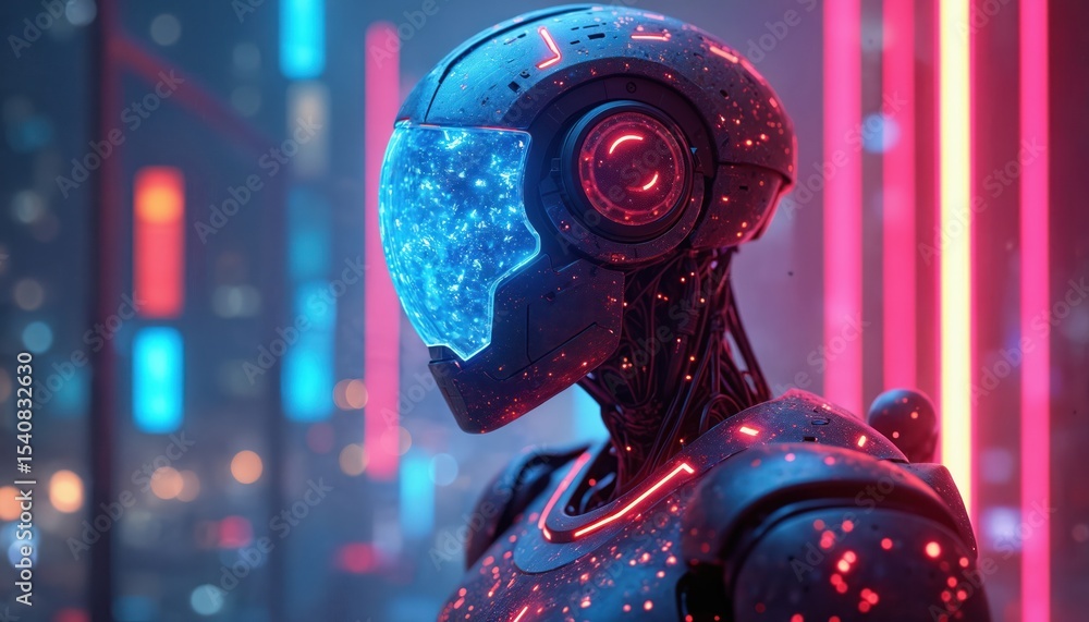 Poster futuristic robot portrait glowing in neon cityscape. cybernetic android with illuminated helmet, red