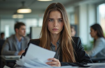 Young woman appears distressed in office. Long hair face serious. Colleagues interaction nearby. Tension, stress, workplace, emotion, communication, anxiety, frustration, corporate setting.