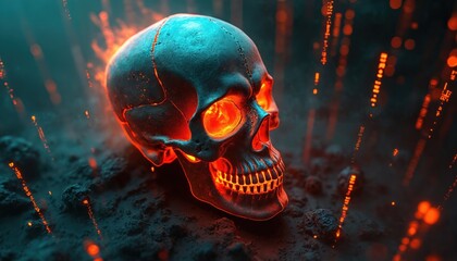 Illustration flaming skull in matrix of digital code. Ominous, dark, malicious, evil concept for security, hacking, cybersecurity, AI, machine learning. Fiery skull represents danger in cyberspace.