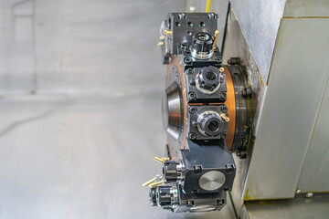 Close-up of operationalmaintenance industrial machine with complex metal parts, bolts, levers, gears Machine on factory floor, concrete ground No people present Realistic style, focus on detail