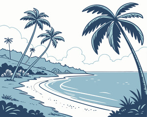 Obraz premium Tropical Beach Scene with Palm Trees and Clear Blue Waters