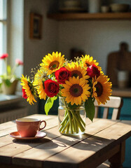 Morning bouquet on a rustic table. Morning coffee, tea. Sun. Morning. Sunflowers