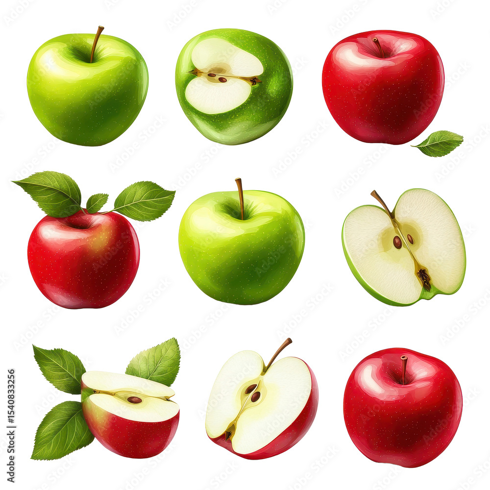 Poster fresh red and green apples with leaves and slices arranged for a vibrant display of color and textur