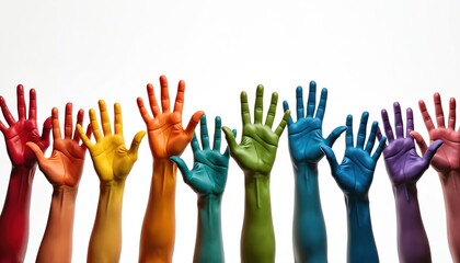 Obraz premium Group of diverse, multicolored hands raised in solidarity against white background. Support, community, diversity, unity, cooperation, equality, togetherness. Perfect for promoting positive messages,