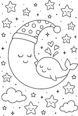 Moon and Whale Sleeping in Sky – Cute Nighttime Coloring Page for Kids
