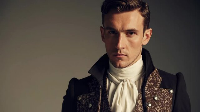 handsome regency-era man, tall and lean muscular build, cinematic lighting, romantic historical style, he wears a regency vest and coat