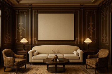 Beige Sofa Art Deco Room Dark Wood Paneling Gold Accents Cream Walls Two Lamps Table artdeco