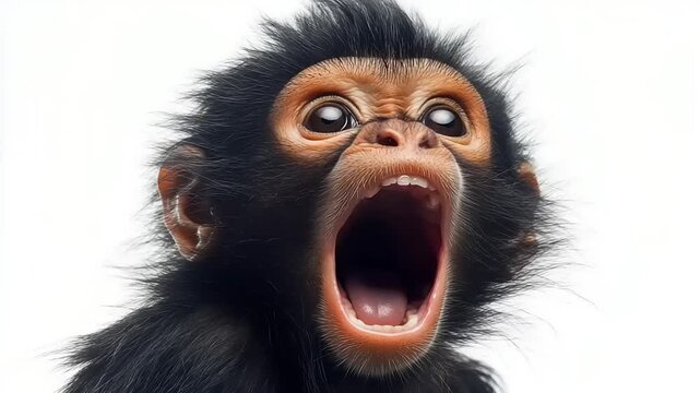 Close-up of a baby monkey with mouth open.
