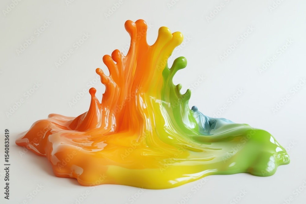 Poster fluid simulation of vibrant rainbow colors resembling spilled paint creating a dynamic wave, rainbow