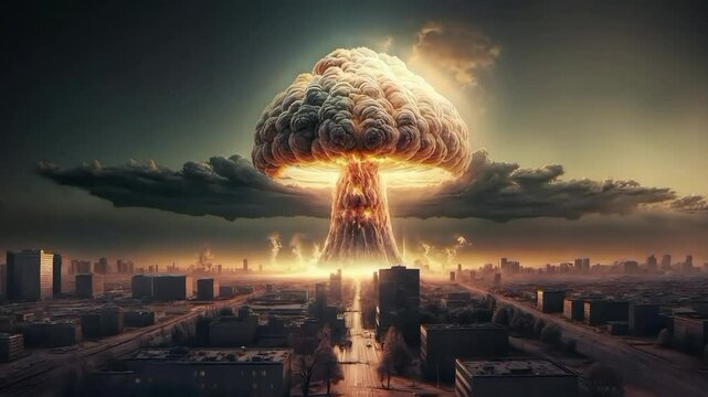 Slow motion horizontal video of a nuclear explosion over a city at night, showing a massive mushroom cloud, fire, destruction, and fallout&mdash;symbolizing apocalypse, danger, and devastation.