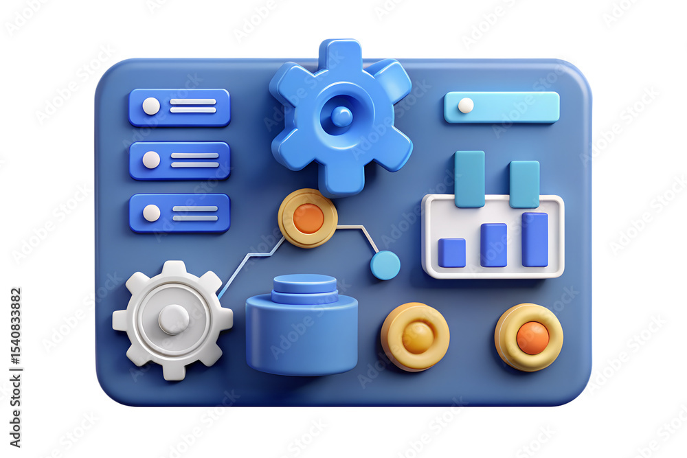 Poster 3d render of a blue control panel with gears, buttons, and data graphs - system, process, and data