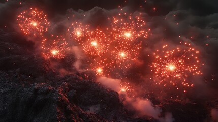 Bright flames of ruby-red fireworks wrapped in glowing silver threads