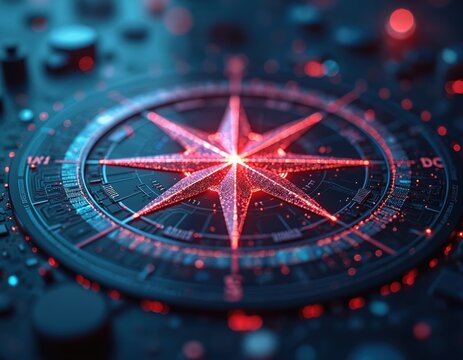 Futuristic digital compass glows with neon red, blue lights. Navigation technology, abstract design, guidance symbol. High-tech illustration for direction, travel, exploration. Modern creative design