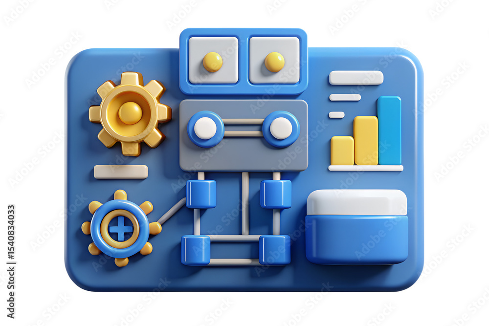 Poster 3d render of a cute blue robot control panel with gears, buttons, and graphs