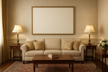 Beige Sofa Living Room Interior Design Blank Canvas Large Frame Two Lamps Wooden Coffee Table End Tables Area Rug