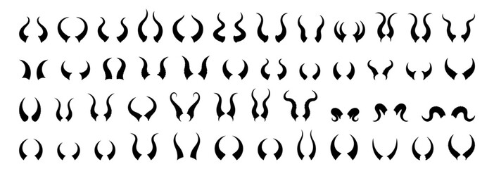 Set of Multiple Silhouette Horn Shapes, Isolated Black Horns Variety