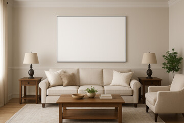 Beige Sofa Living Room Interior Mockup Large Blank Canvas Wall Art Cream Cushions Wooden Coffee Table End Tables Lamps