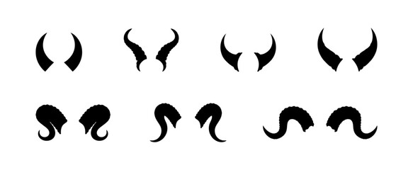 Different shapes of black devil horns on a white background