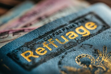Close-up of a weathered U.S. passport stamped with 'Refuage', highlighting texture, travel documentation, and immigration-related theme.
