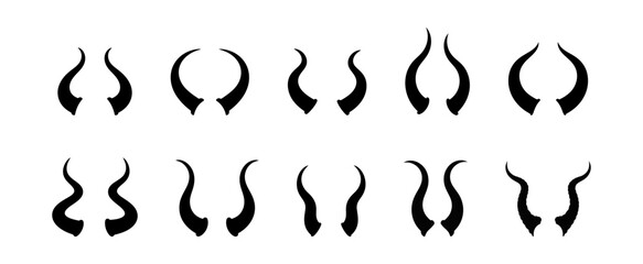 Various Pairs of Devilish Horns in Black Silhouette Isolated on White Background