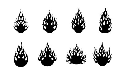 Eight Fire Flames Set in Black and White for Graphic Design Elements