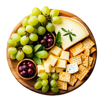 Top view of cheese platter grapes and crackers plain white background gourmet food concept for wine events luxury ads and menus