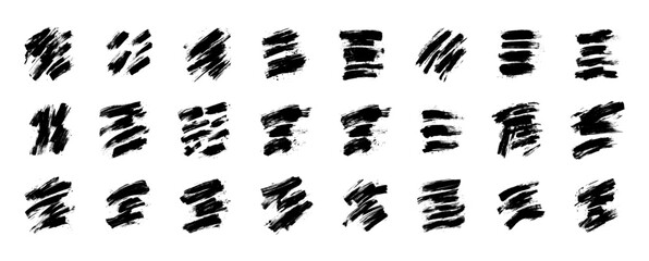 Collection of Twenty-Four Black Brush Stroke Textures on a White Background