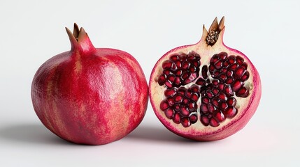 Two pomegranates, one whole and one half