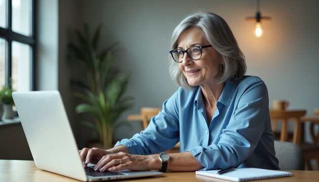 Mature woman works laptop, watches video conference, webinar, training. Business lady e-learning online computer classes, types at table. Happy senior old person studies online. Remote education.
