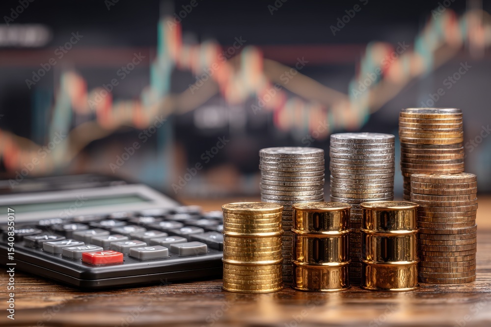 Poster close up of stacked coins and calculator with a blurred stock chart background representing financia