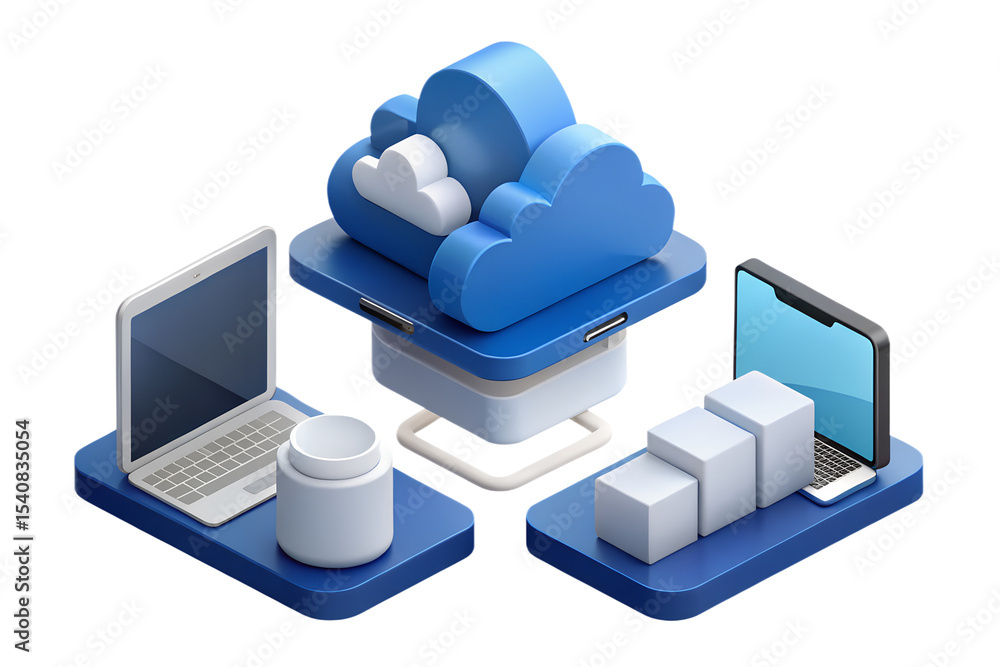 Poster cloud computing data storage and synchronization concept with laptop and smartphone 3d illustration