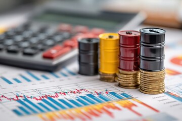 Oil price volatility displayed with miniature barrels, coins, graphs, and calculator. The focus is on global economic fluctuations, and fuel energy cost issues.