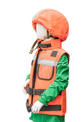 Young child mannequin wearing an orange life jacket with reflective details, standing upright,...