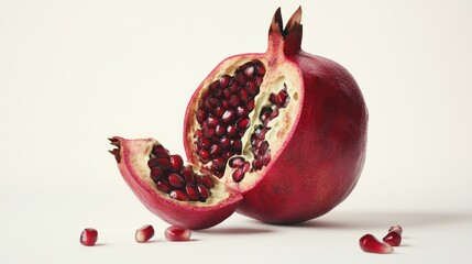 Pomegranate half, seeds scattered