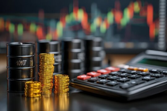 An illustrative concept representing oil price fluctuation with barrels, coins, and stock market data against a background of a calculator.