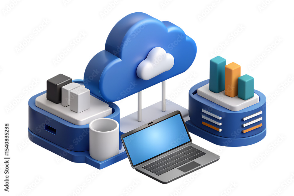 Poster 3d render of cloud computing, data analytics, and laptop