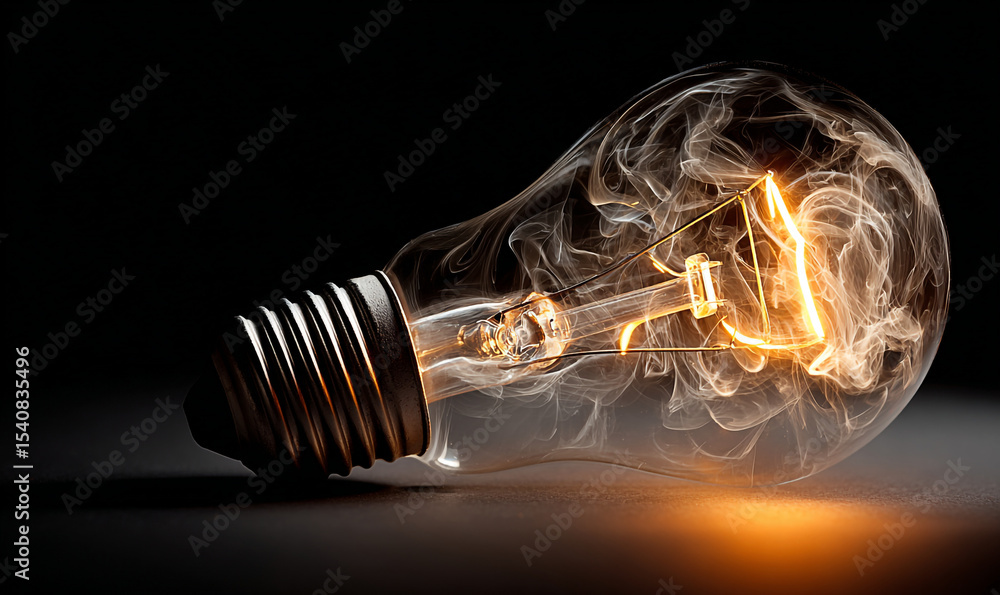 Poster illuminated light bulb with smoke effect on a dark surface creating a captivating visual display