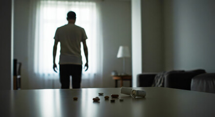 Fototapeta premium Man standing in dimly lit room with pills on table 